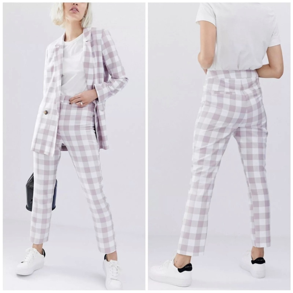 ASOS Pink White Gingham Plaid Slim Tailored Trousers Pants Size 14 - Picture 2 of 7